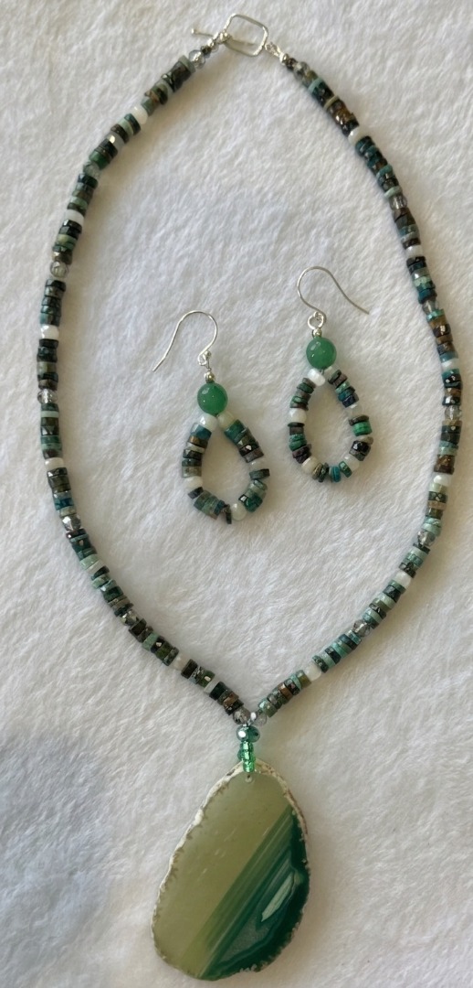 Malachite, lapis, chrysocolla necklace and earrings set with jade accents Image