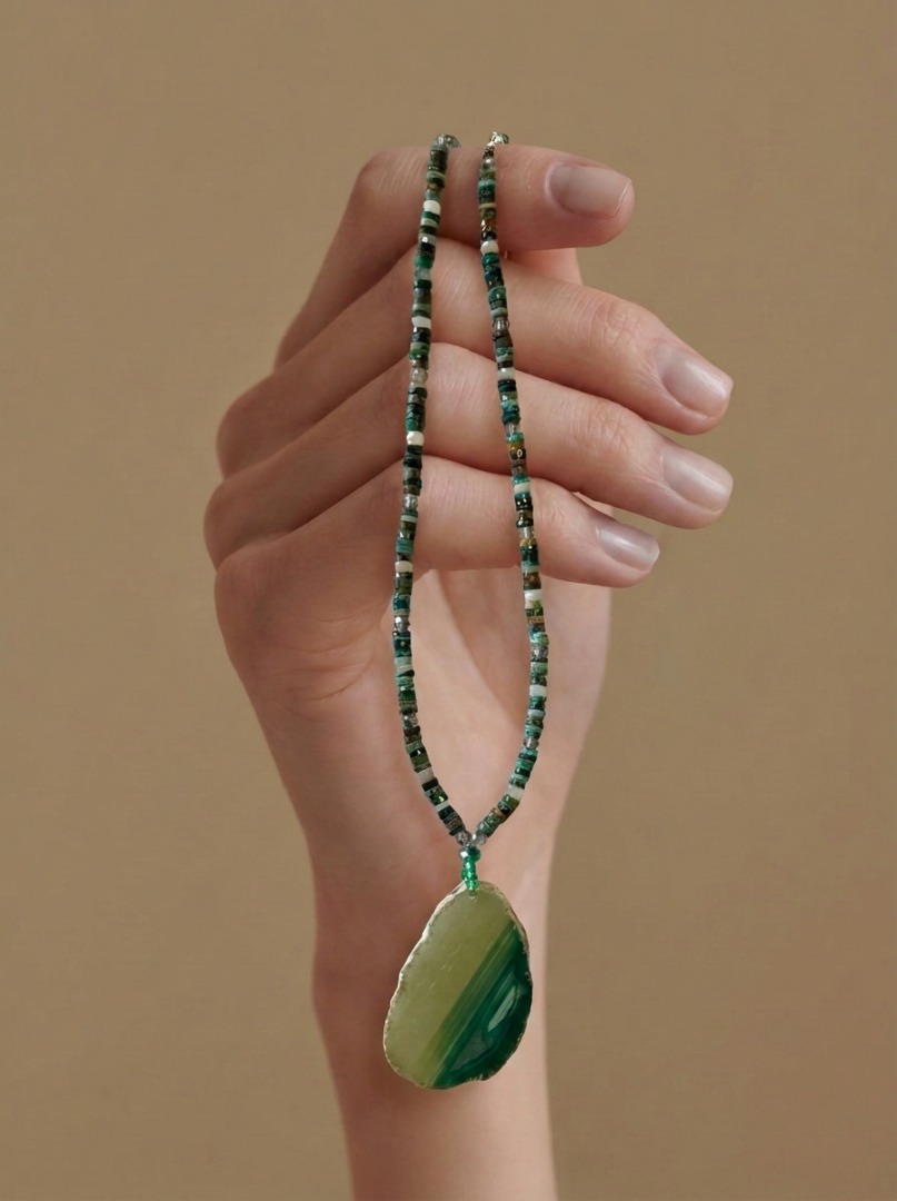 Malachite, lapis, chrysocolla necklace and earrings set with jade accents Image