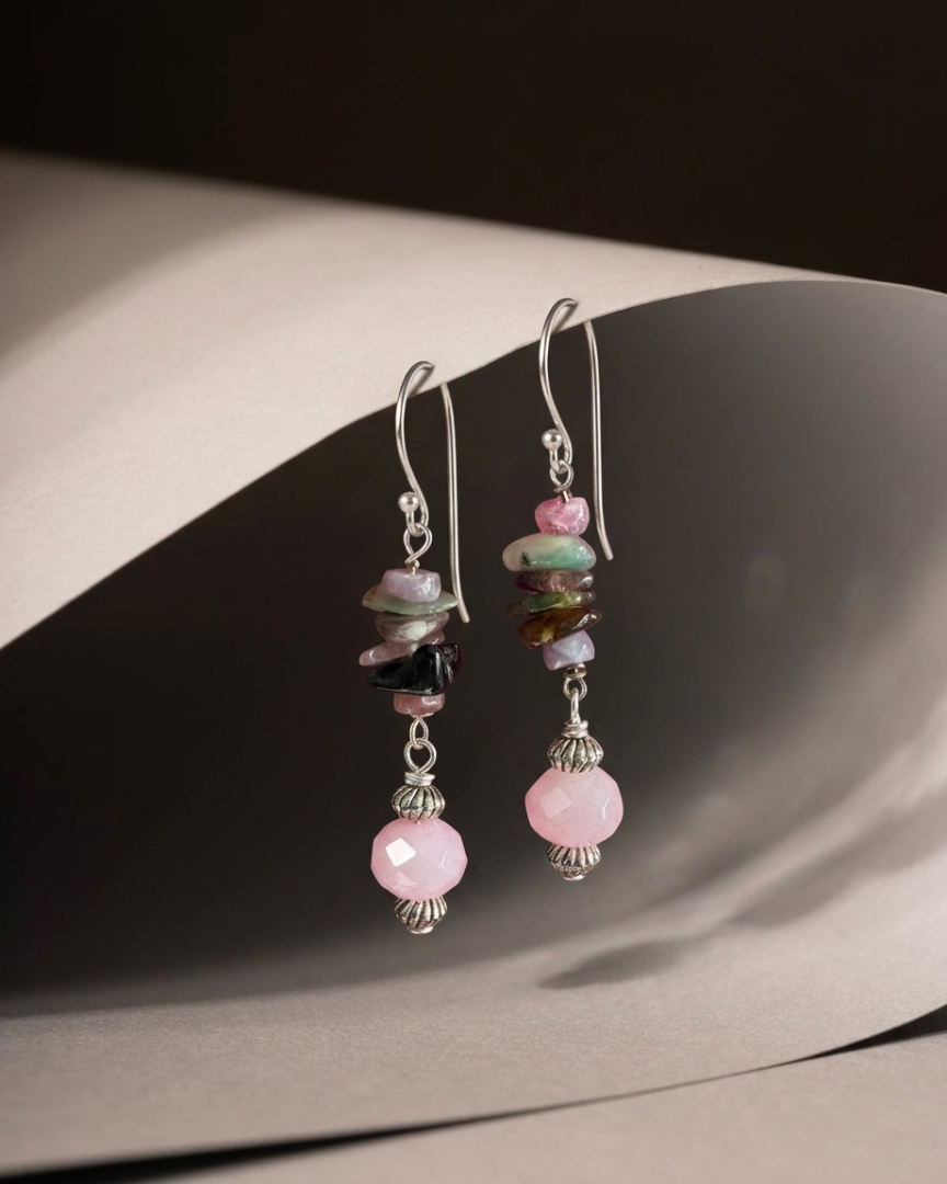Pink Quartz and Tourmaline necklace and earring set Image