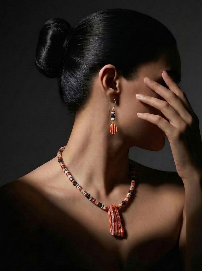 Red Spiny oyster, Wampum shell and Moonstone necklace and earring set Image