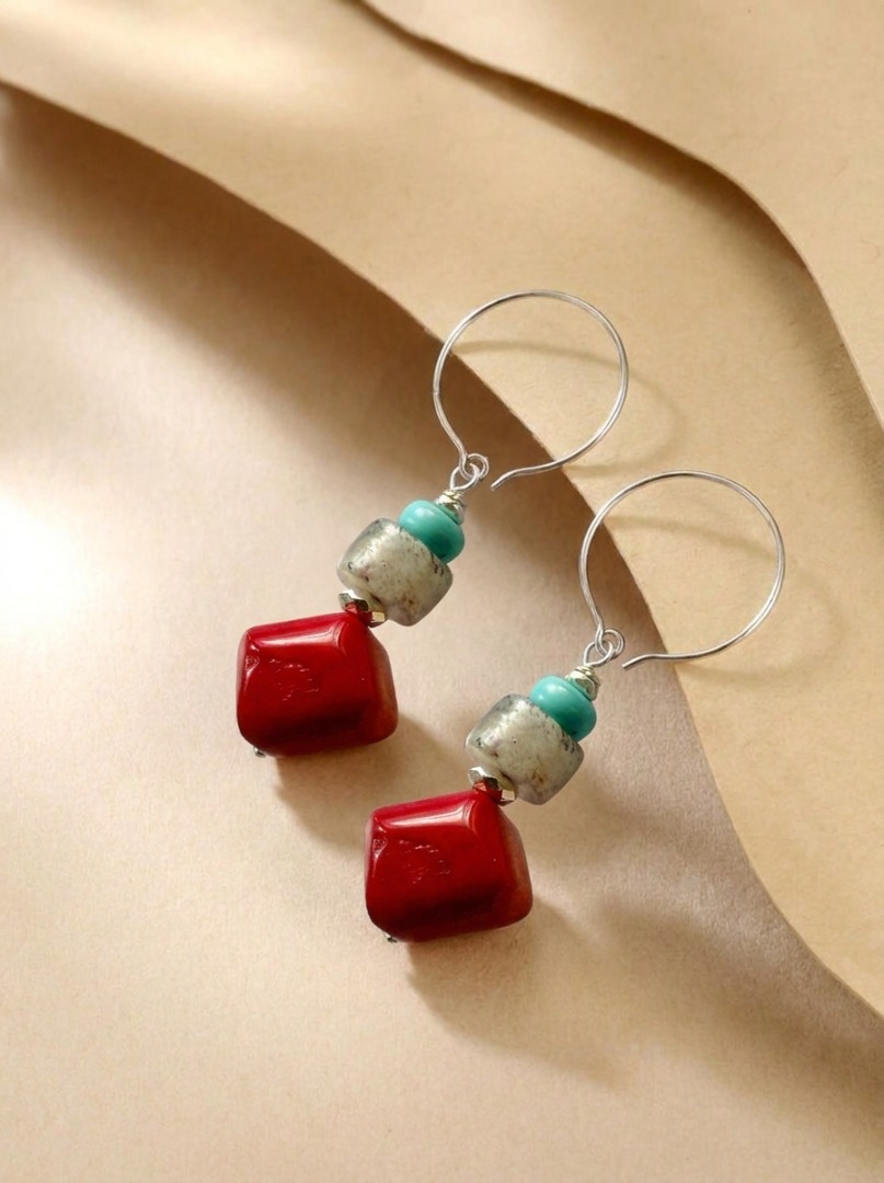 Red coral, Natural pen shell and crystal necklace and earring set Image