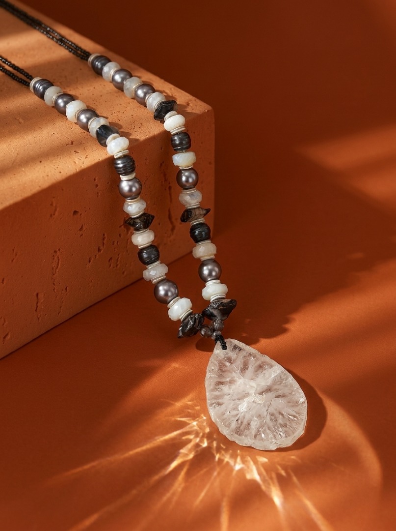 White agate with pearl and moonstone accents necklace and earring set Image