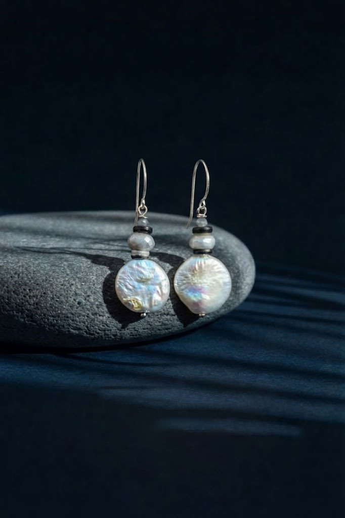 Mother of pearl necklace and earring set with moonstone accents Image