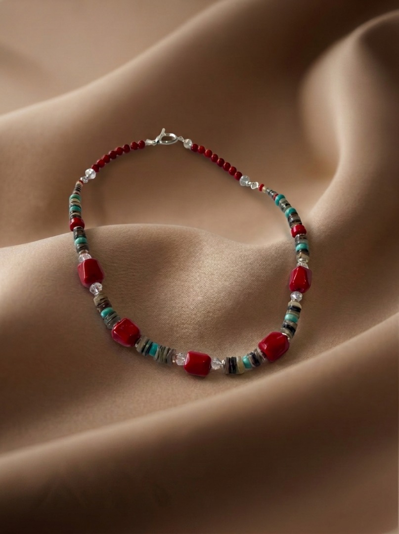 Red coral, Natural pen shell and crystal necklace and earring set Image