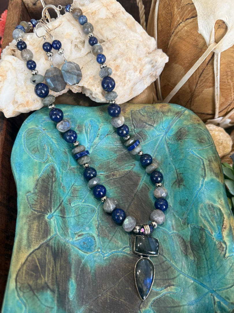 Labradorite and Lapis necklace and earring set Image