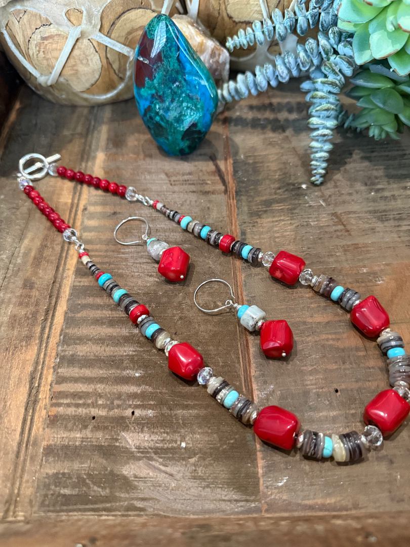 Red coral, Natural pen shell and crystal necklace and earring set Image