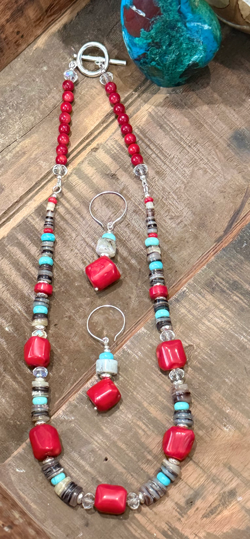 Red coral, Natural pen shell and crystal necklace and earring set Image