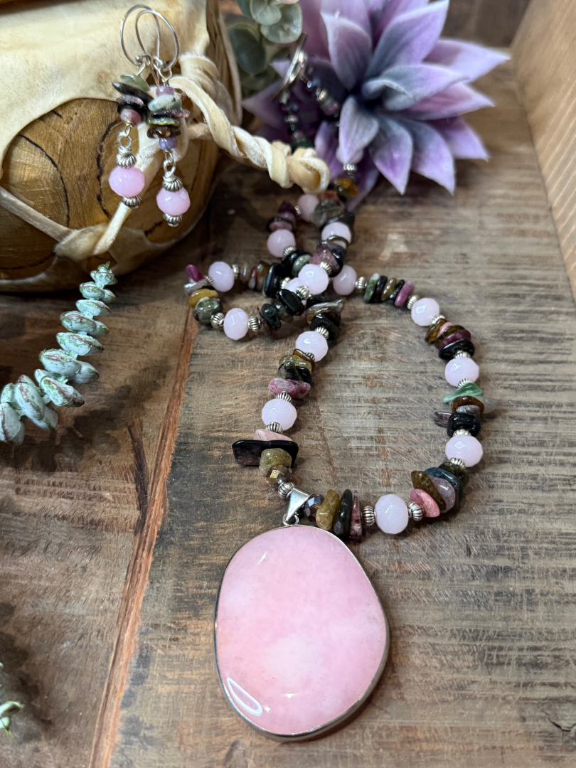 Pink Quartz and Tourmaline necklace and earring set Image