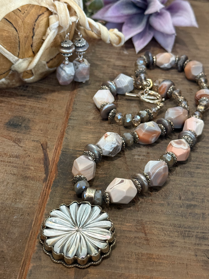 Pink and silver Botswana agate necklace and earring set with a flower mother of pearl pendant Image