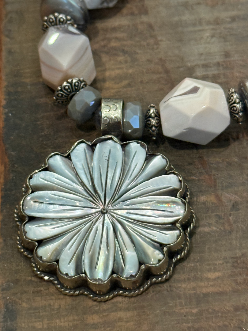 Pink and silver Botswana agate necklace and earring set with a flower mother of pearl pendant Image