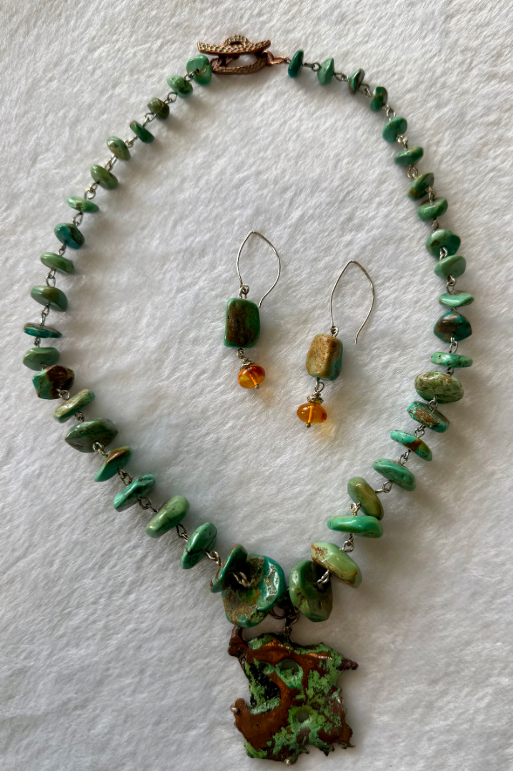 Green Turquoise with a copper pendant necklace and earring set Image