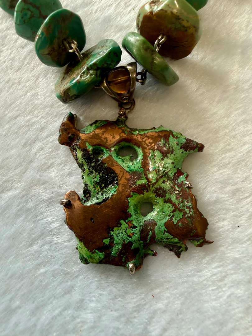 Green Turquoise with a copper pendant necklace and earring set Image