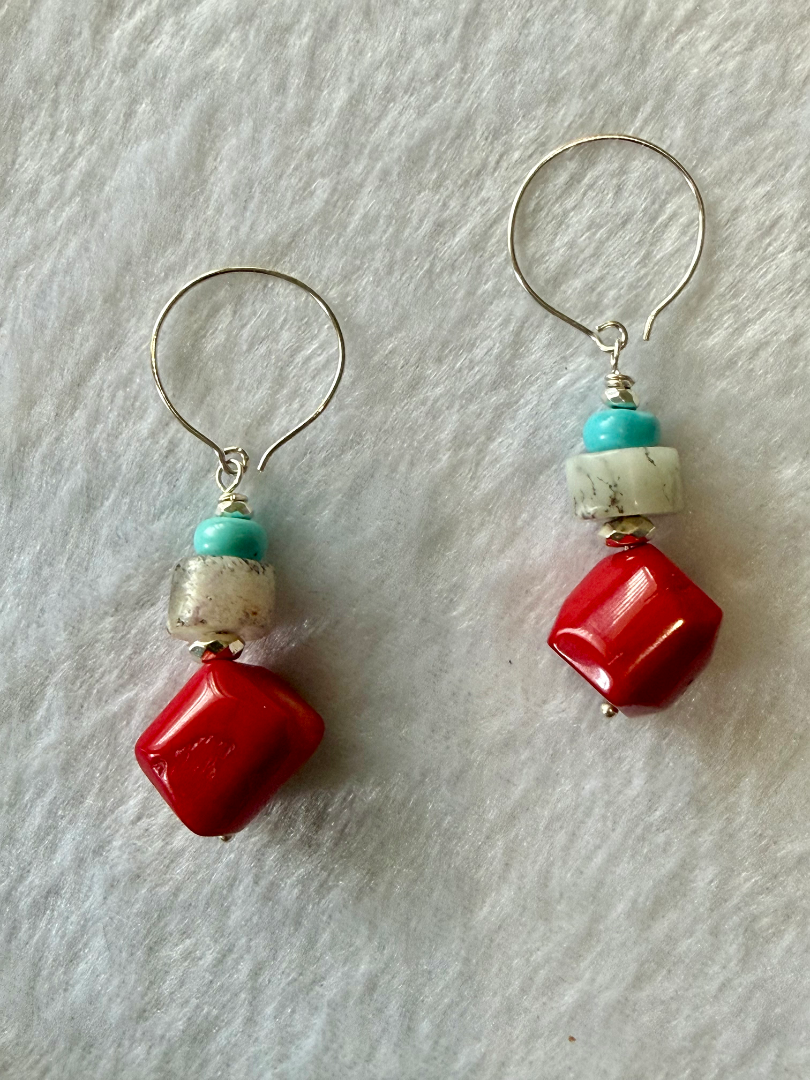 Red coral, Natural pen shell and crystal necklace and earring set Image