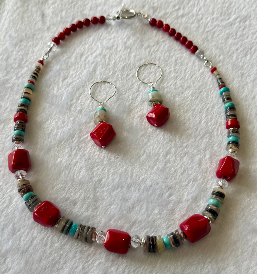 Red coral, Natural pen shell and crystal necklace and earring set Image