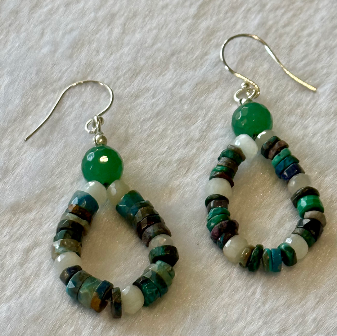 Malachite, lapis, chrysocolla necklace and earrings set with jade accents Image