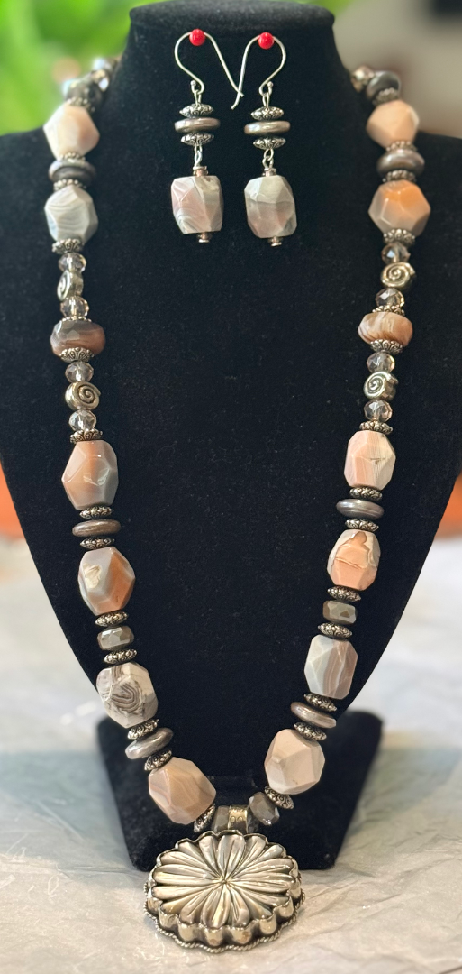 Pink and silver Botswana agate necklace and earring set with a flower mother of pearl pendant Image
