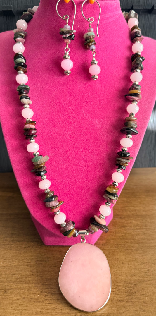 Pink Quartz and Tourmaline necklace and earring set Image