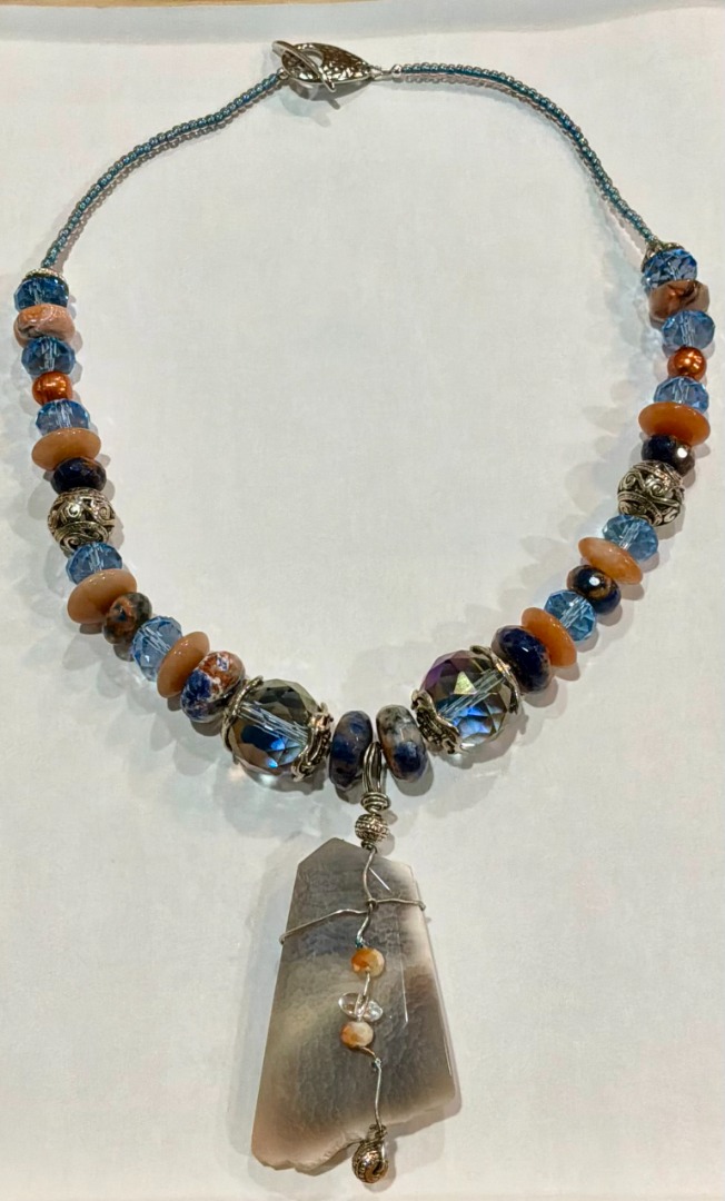 Denim Lapis, Orange with Wire-Wrapped Agate Pendant Set Image