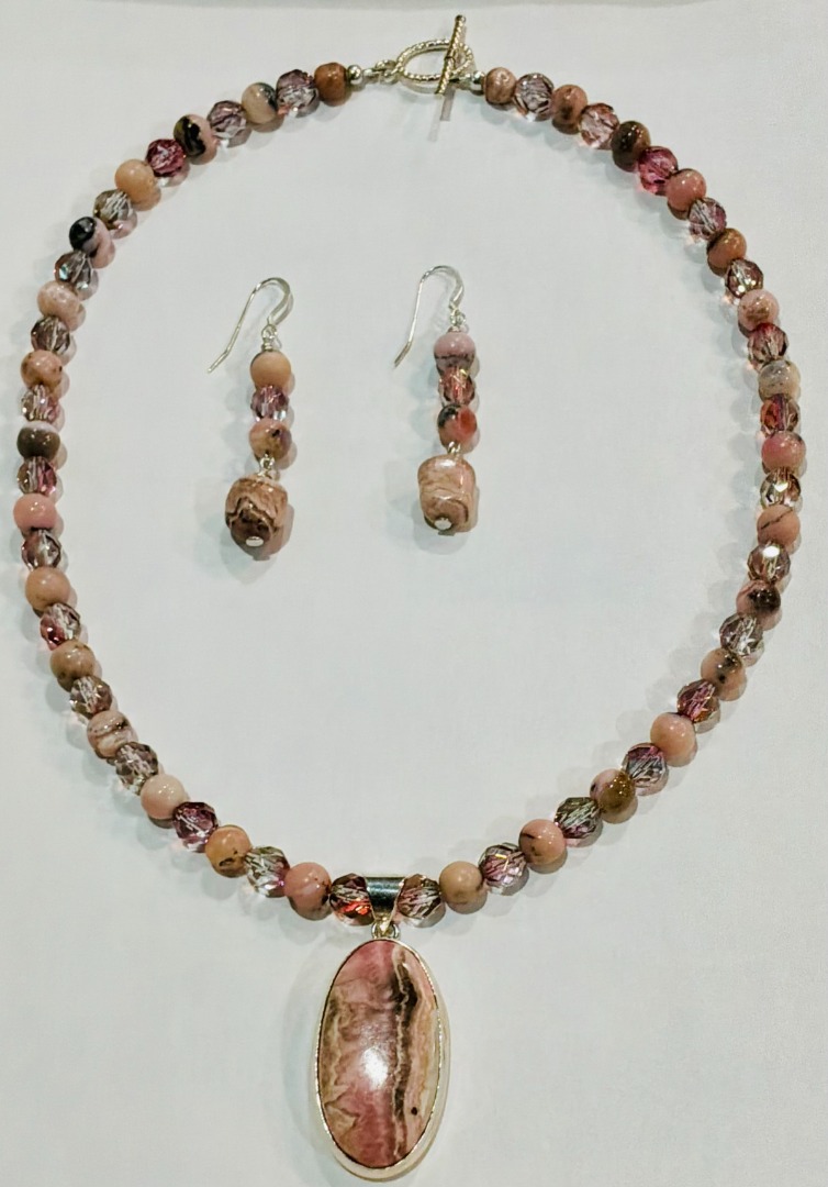 Rhodochrosite & Faceted Smoky Pink Crystal Necklace and Earring Set Image