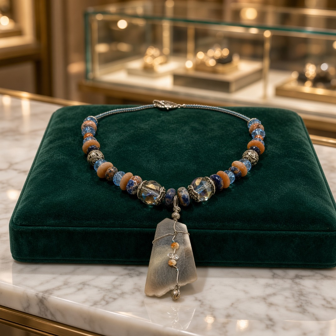 Denim Lapis, Orange with Wire-Wrapped Agate Pendant Set Image