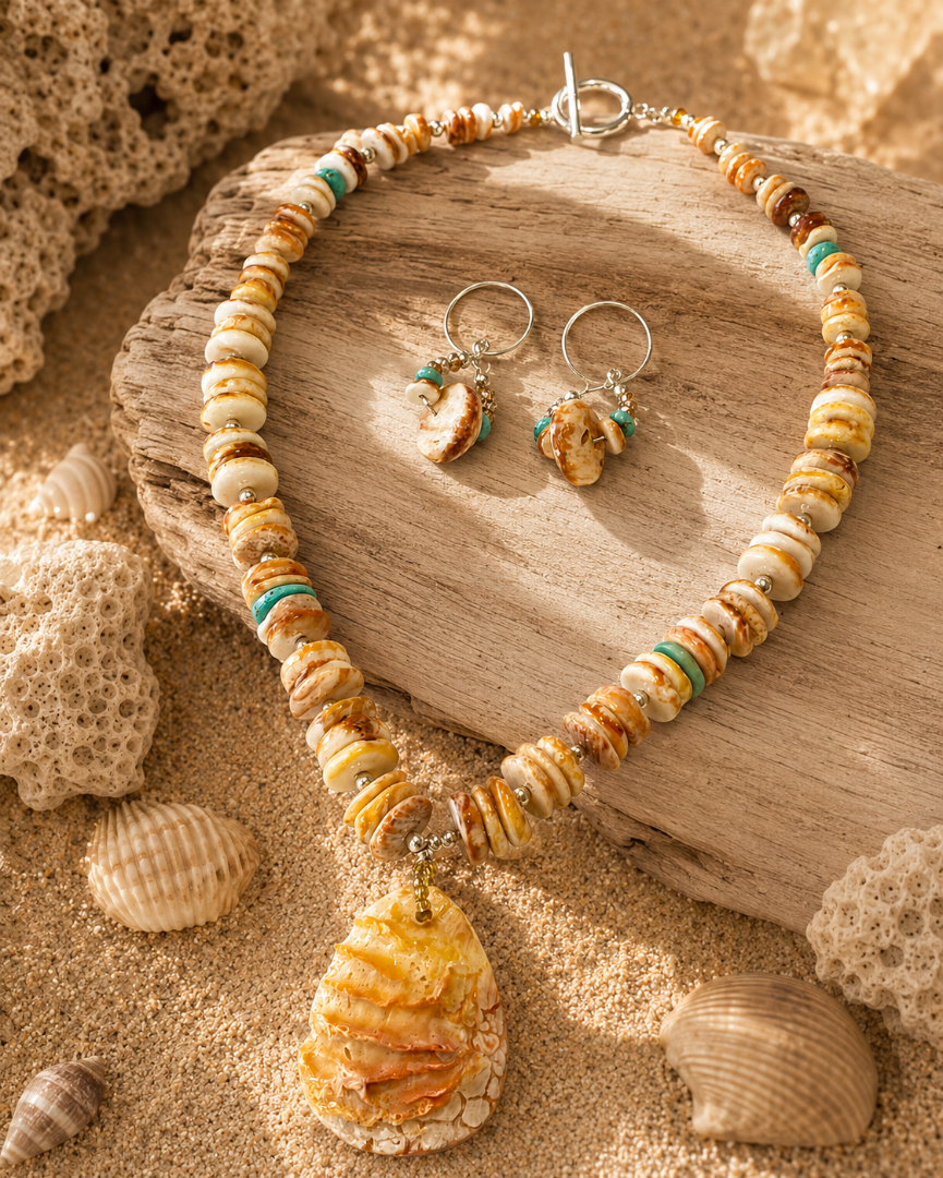 Yellow/Orange Spiny Oyster necklace and earring set Image