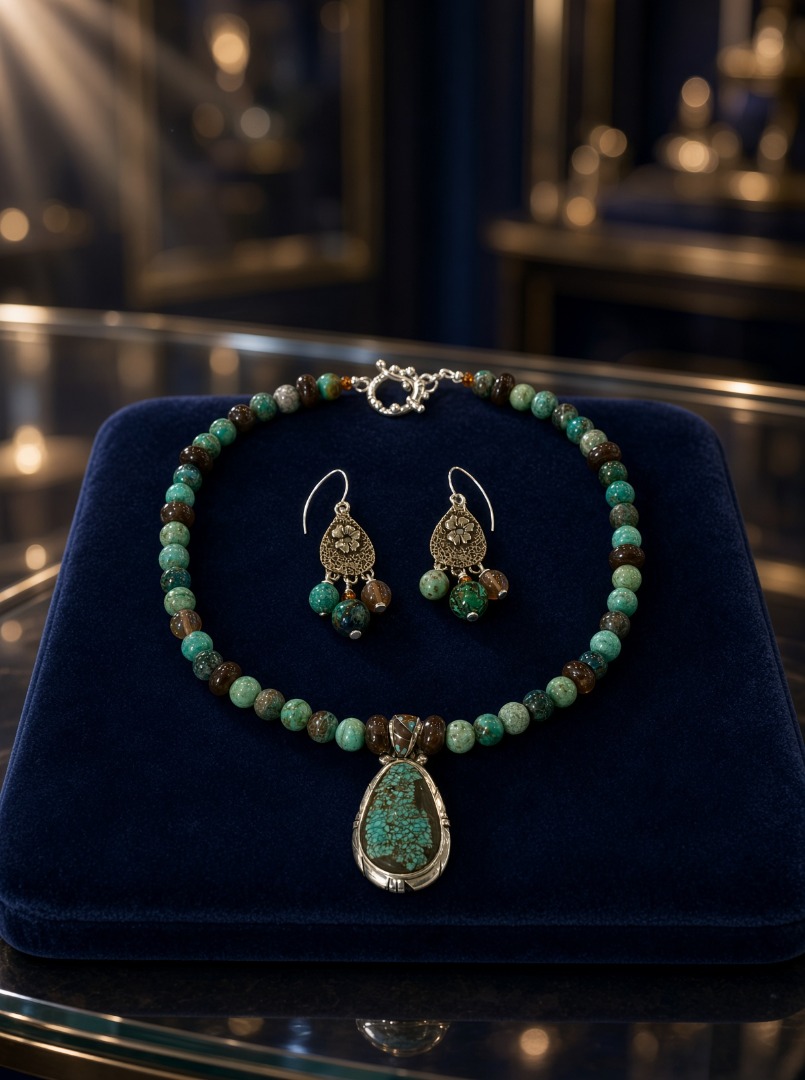 Ed Lohman Spiderweb Turquoise Pendant & Chrysocolla Necklace and Earring Set Image