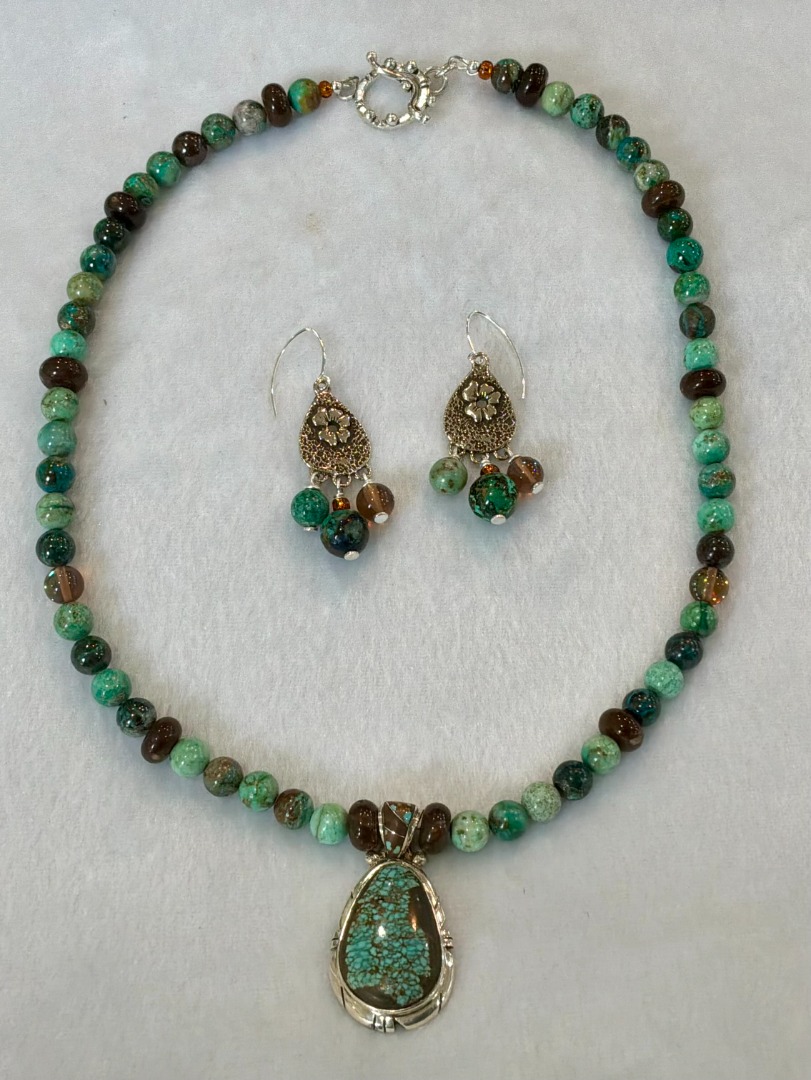Ed Lohman Spiderweb Turquoise Pendant & Chrysocolla Necklace and Earring Set Image