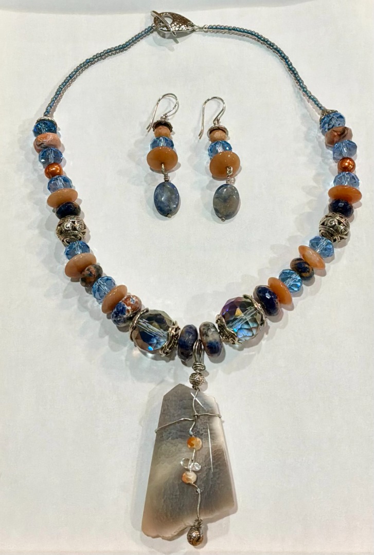 Denim Lapis, Orange with Wire-Wrapped Agate Pendant Set Image