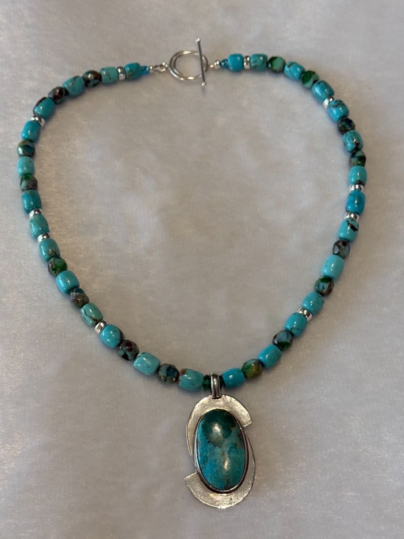 Turquoise Necklace and Earring Set with Picasso Beads and Silver Accents Image