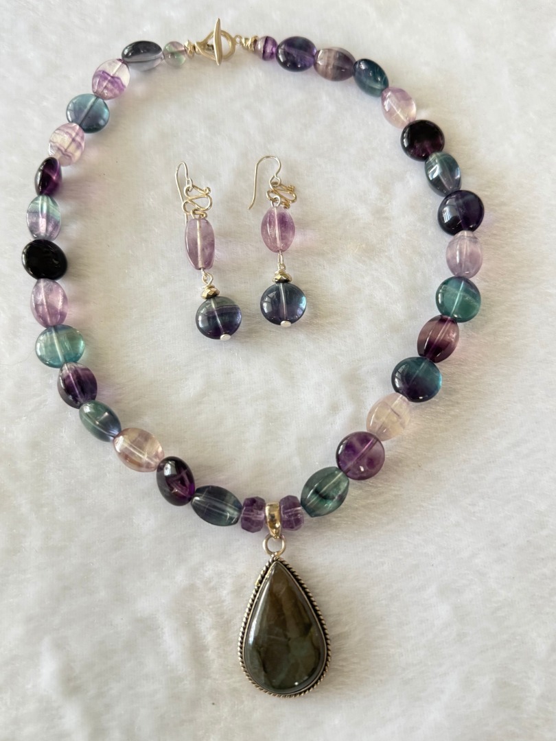 Fluorite Necklace and Earring Set with a Fluorite Pendant Image