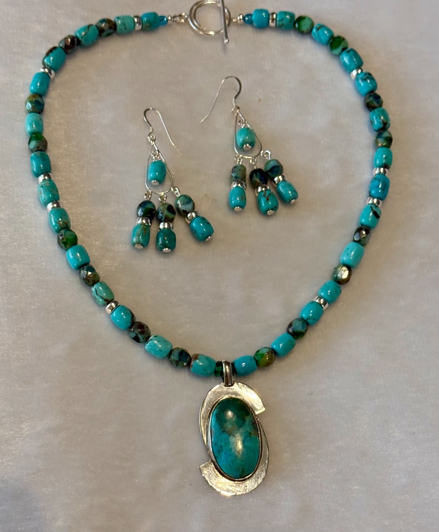 Turquoise Necklace and Earring Set with Picasso Beads and Silver Accents Image