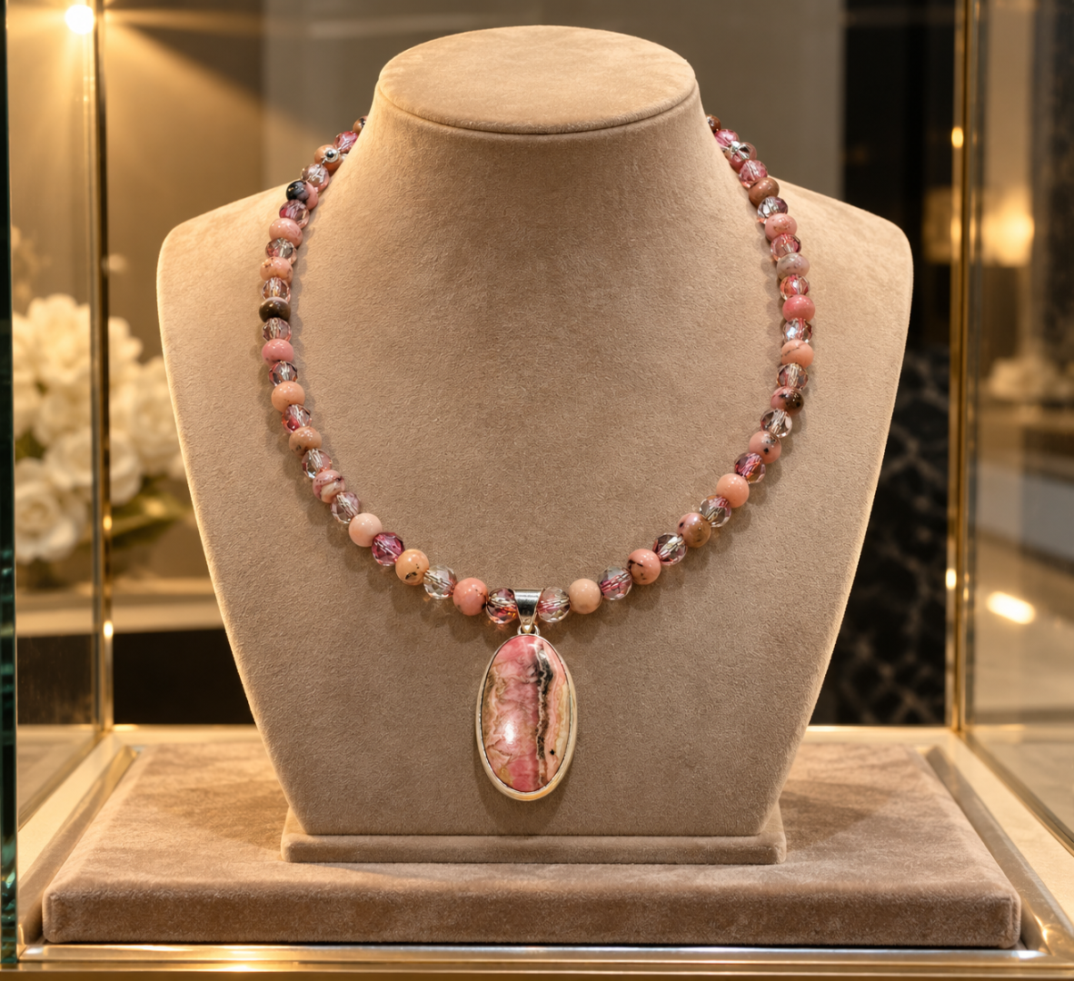 Rhodochrosite & Faceted Smoky Pink Crystal Necklace and Earring Set Image