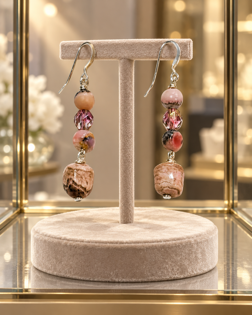 Rhodochrosite & Faceted Smoky Pink Crystal Necklace and Earring Set Image