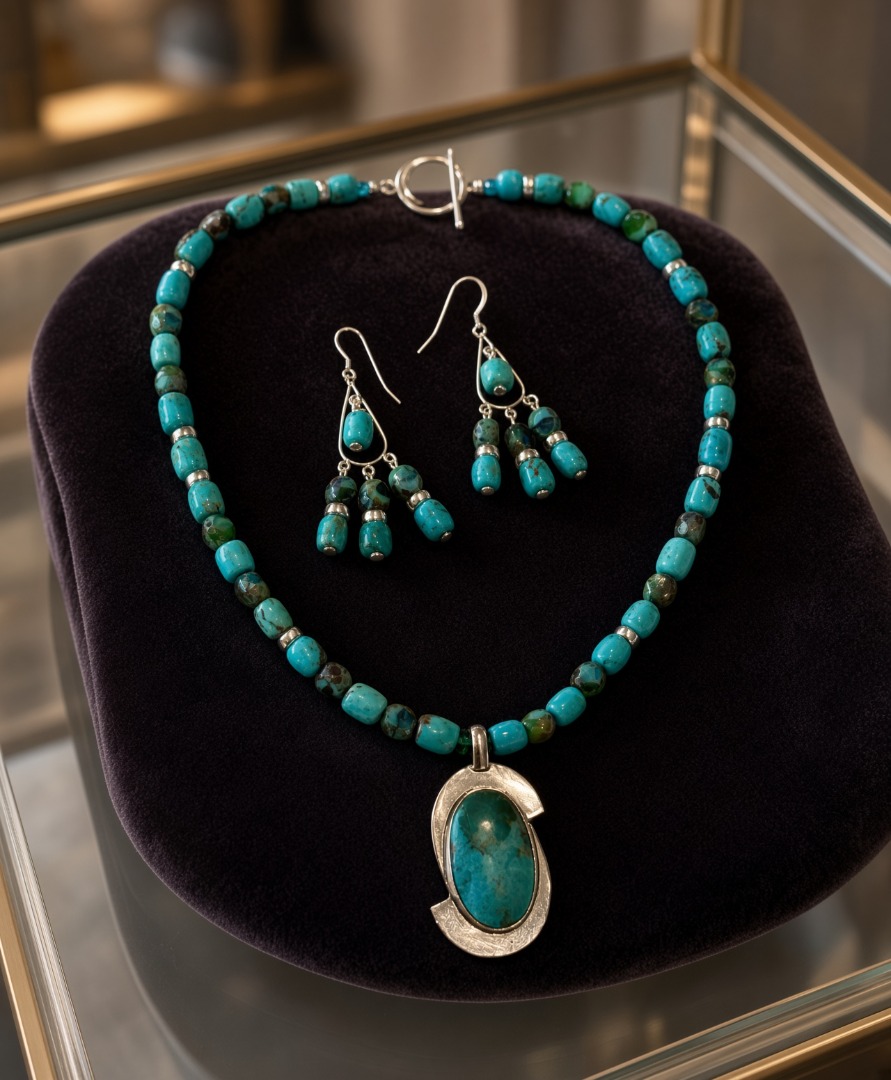 Turquoise Necklace and Earring Set with Picasso Beads and Silver Accents Image