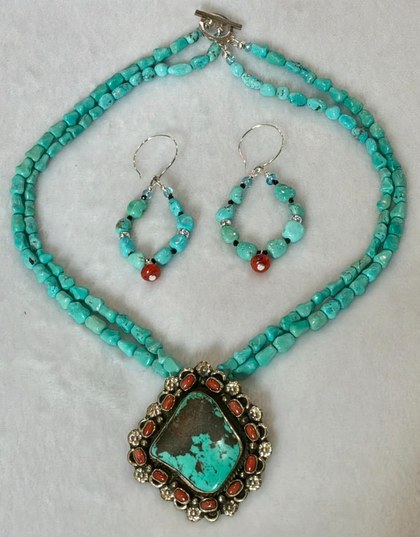 Royston Turquoise & Coral Two-Strand Necklace and Earring Set Image