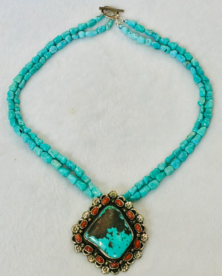 Royston Turquoise & Coral Two-Strand Necklace and Earring Set Image
