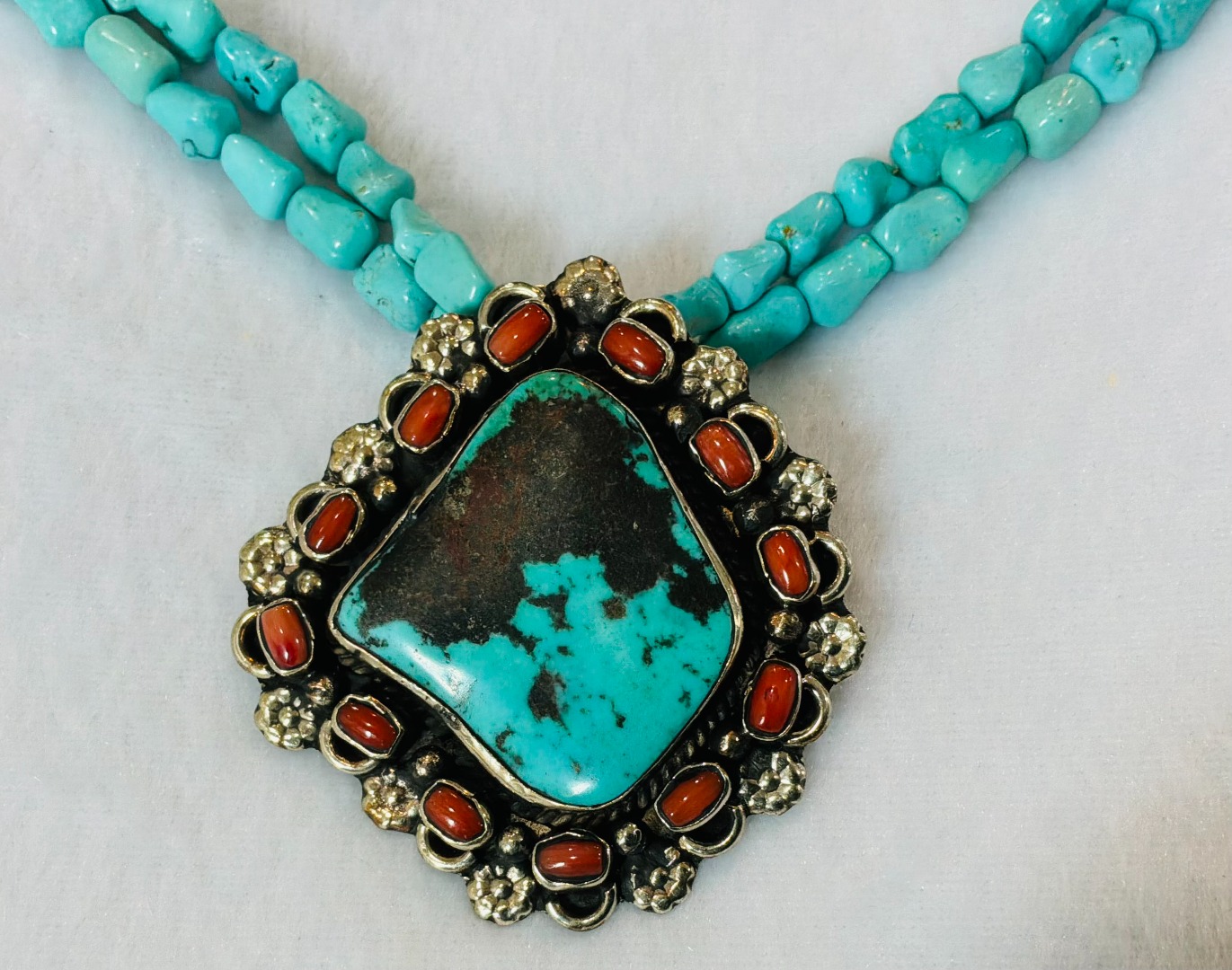 Royston Turquoise & Coral Two-Strand Necklace and Earring Set Image