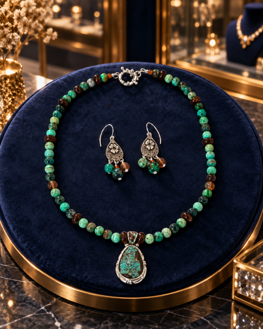 Ed Lohman Spiderweb Turquoise Pendant & Chrysocolla Necklace and Earring Set Image