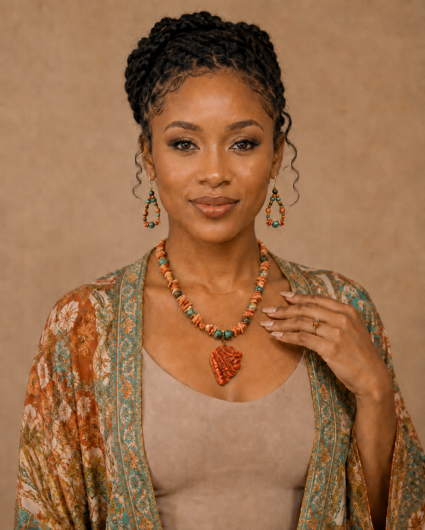 Spiny oyster and Turquoise necklace and earring set Image