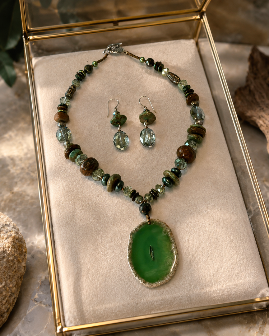 Brown & Green Bloodstone Jasper and Agate necklace and earring set Image