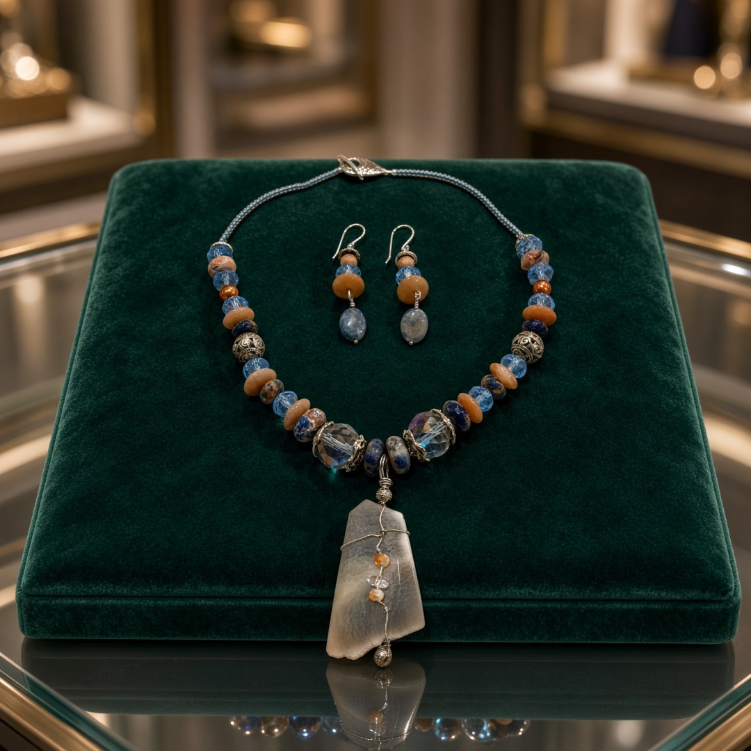 Denim Lapis, Orange with Wire-Wrapped Agate Pendant Set Image