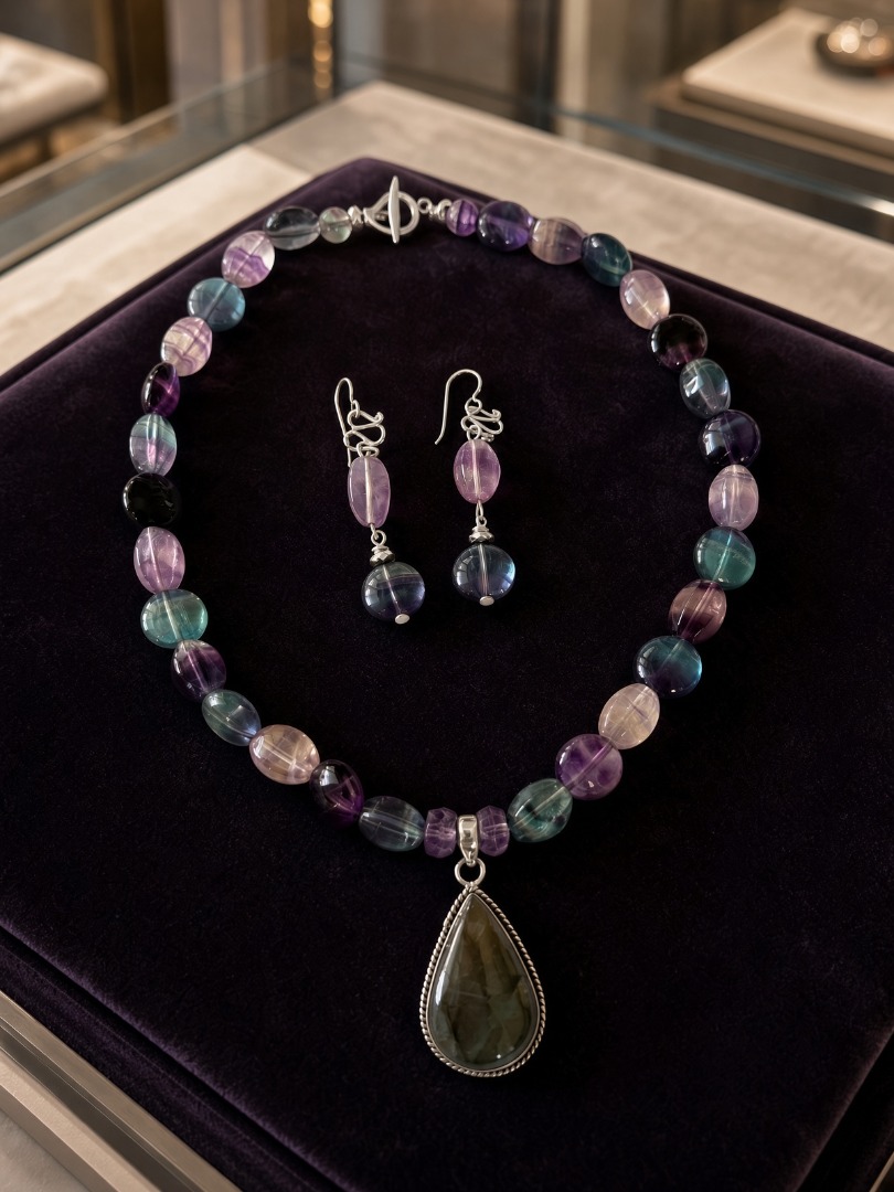 Fluorite Necklace and Earring Set with a Fluorite Pendant Image