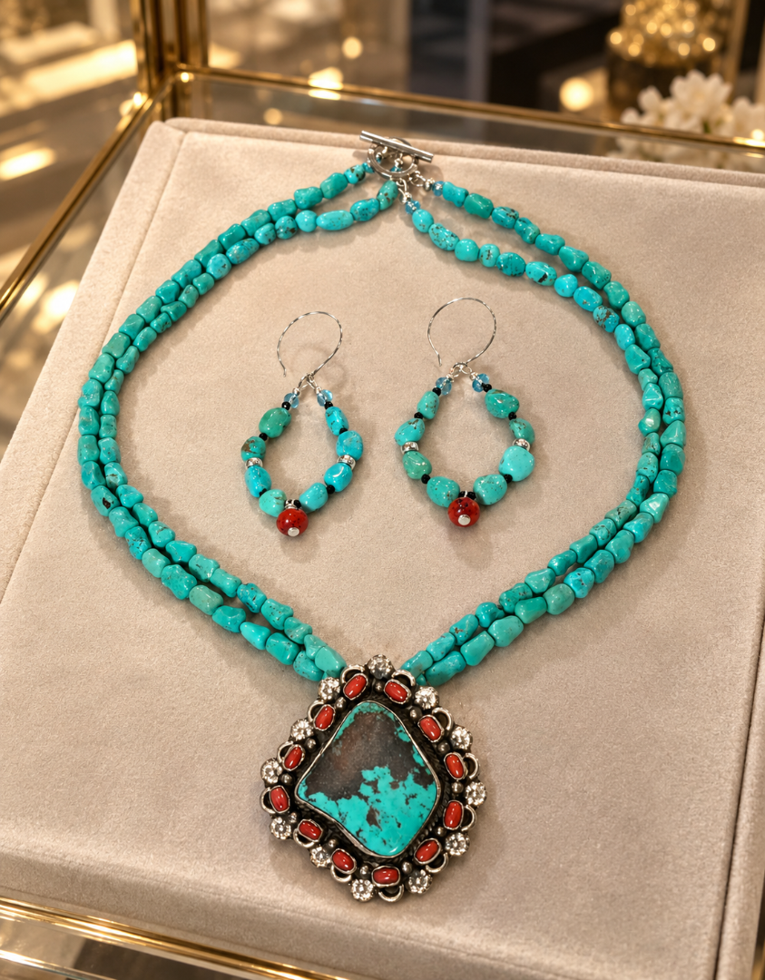 Royston Turquoise & Coral Two-Strand Necklace and Earring Set Image