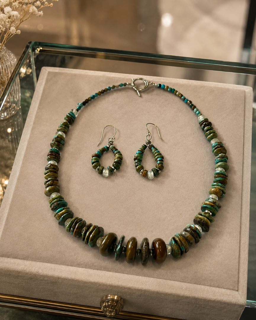 Turquoise necklace and earring set with crystal accents Image